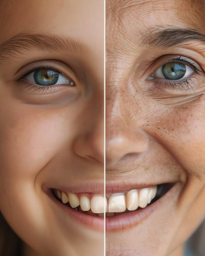 portrait of same young and old woman smiling, AI generated image